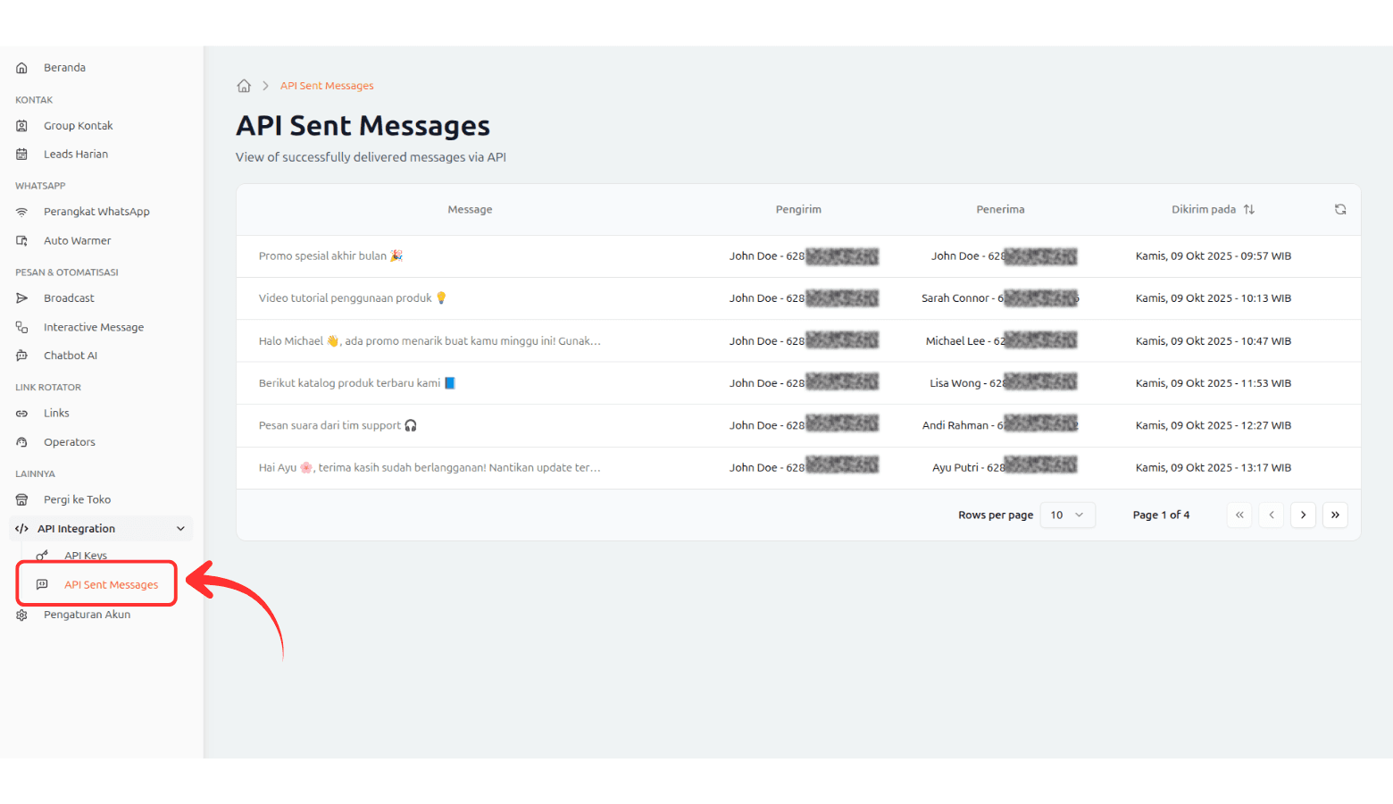 Tampilan API List Messages