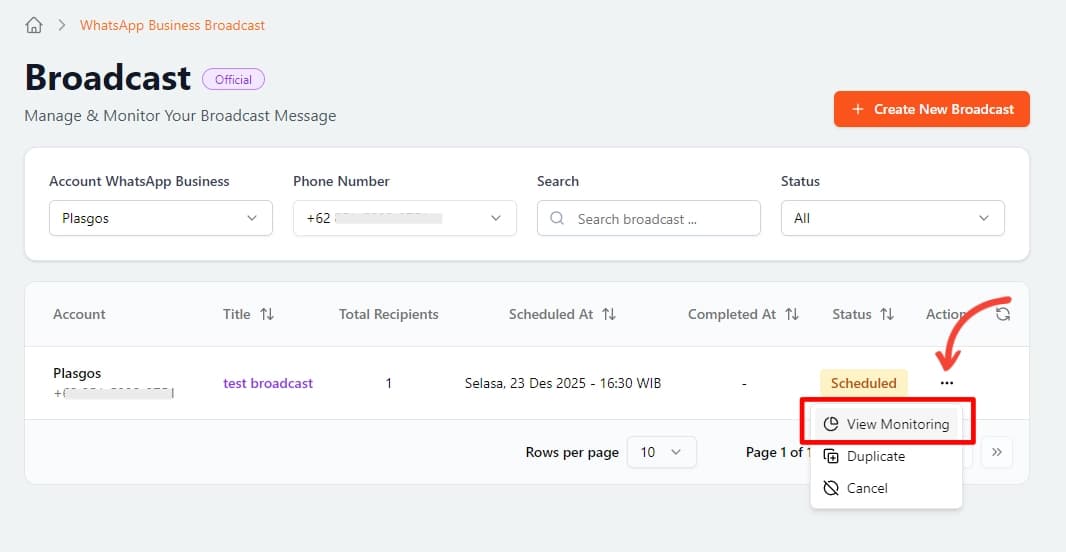 waba broadcast view
details